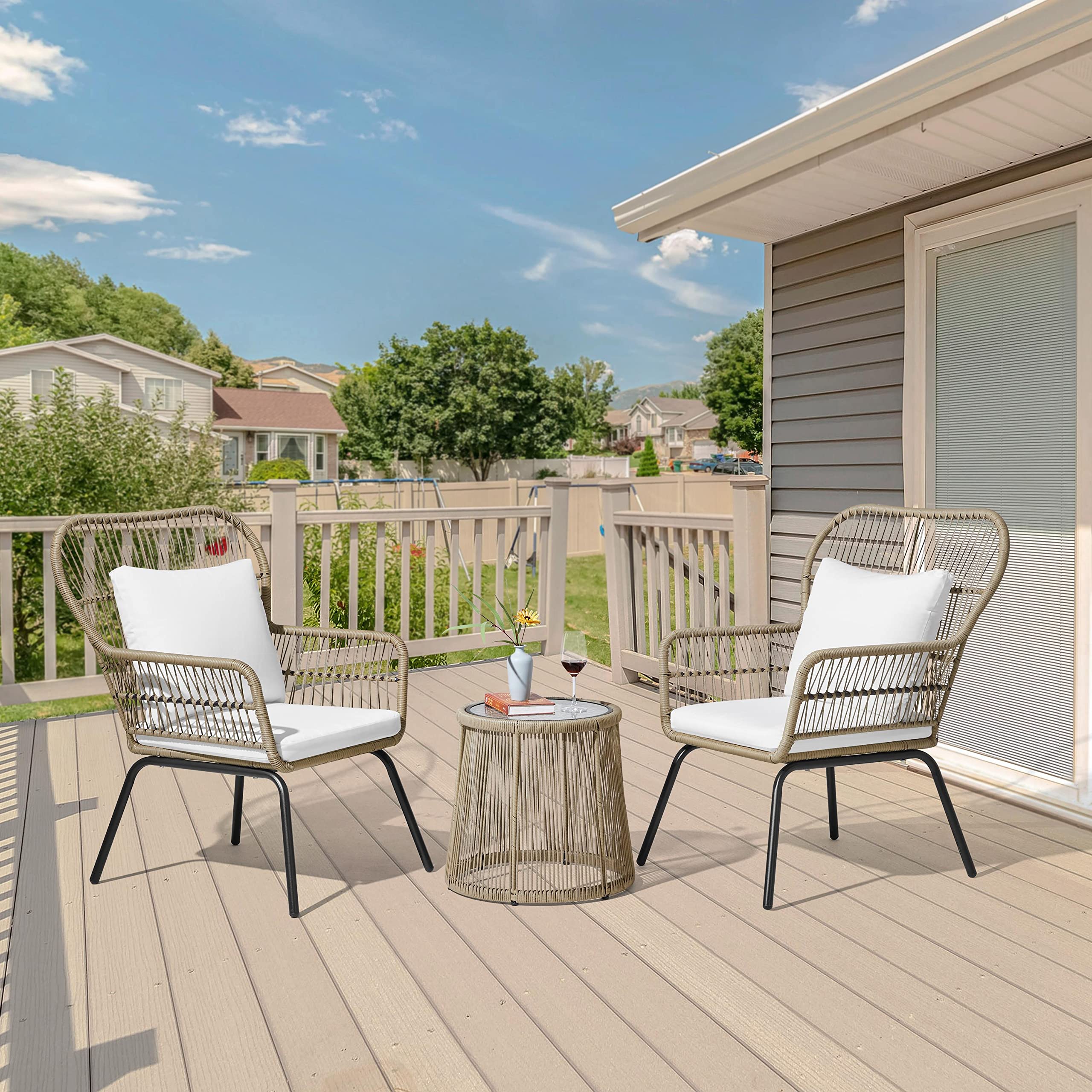 3-Piece Patio Bistro Conversation Set, Outdoor All-Weather Wicker Set