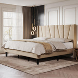 King Size Bed Frame with Geometric Wingback Headboard, Upholstered Platform Bed