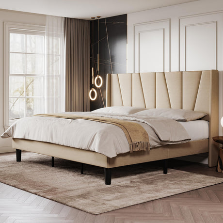 King Size Bed Frame with Geometric Wingback Headboard, Upholstered Platform Bed