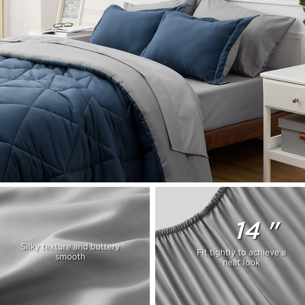 Navy Comforter Set King - 7 Pieces Reversible King Navy Bed in a Bag