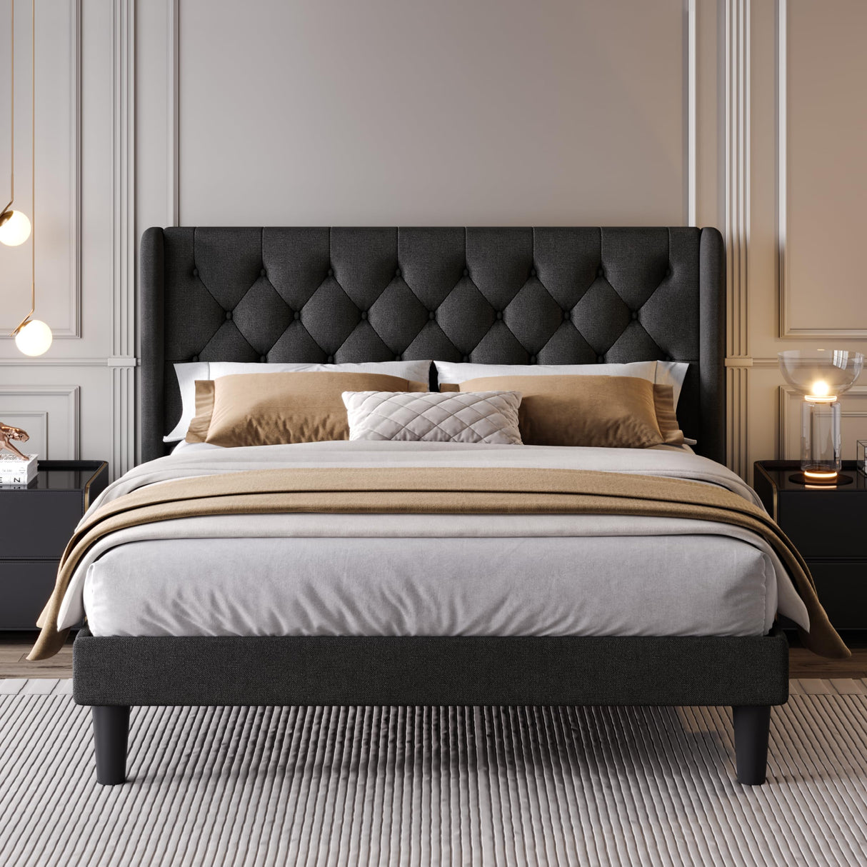 Full Size Platform Bed Frame with Upholstered Headboard and Wingback, Button Tufted