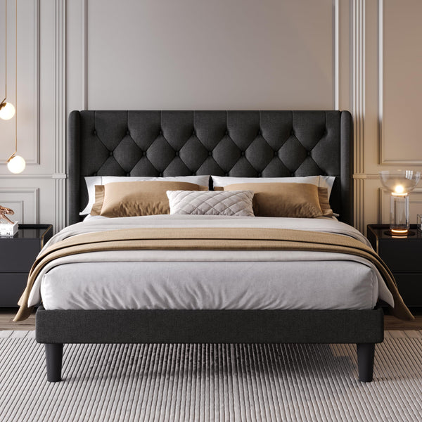 Full Size Platform Bed Frame with Upholstered Headboard and Wingback, Button Tufted