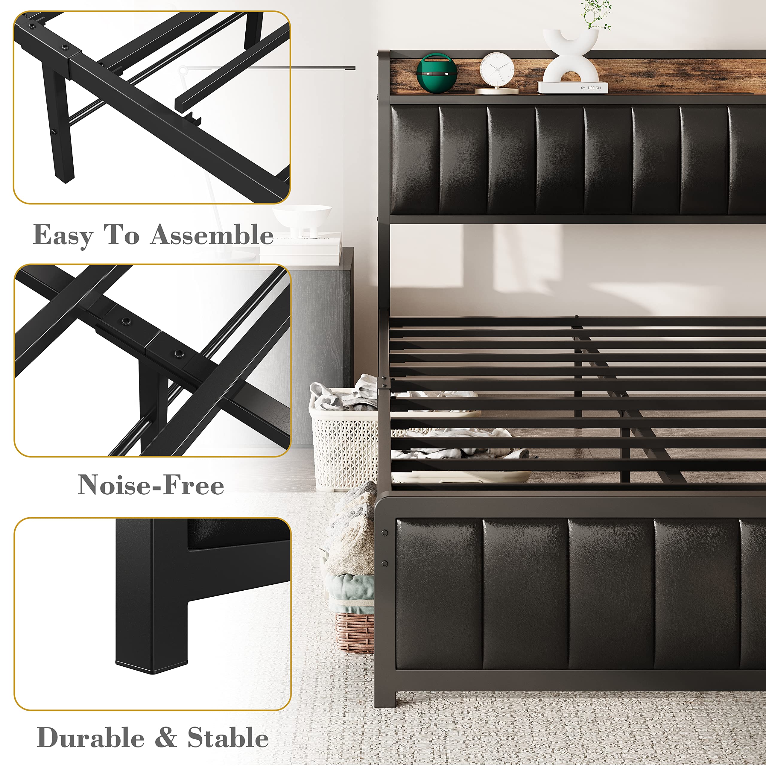 King Bed Frame with Storage Headboard & Footboard, Upholstered Platform Bed with USB