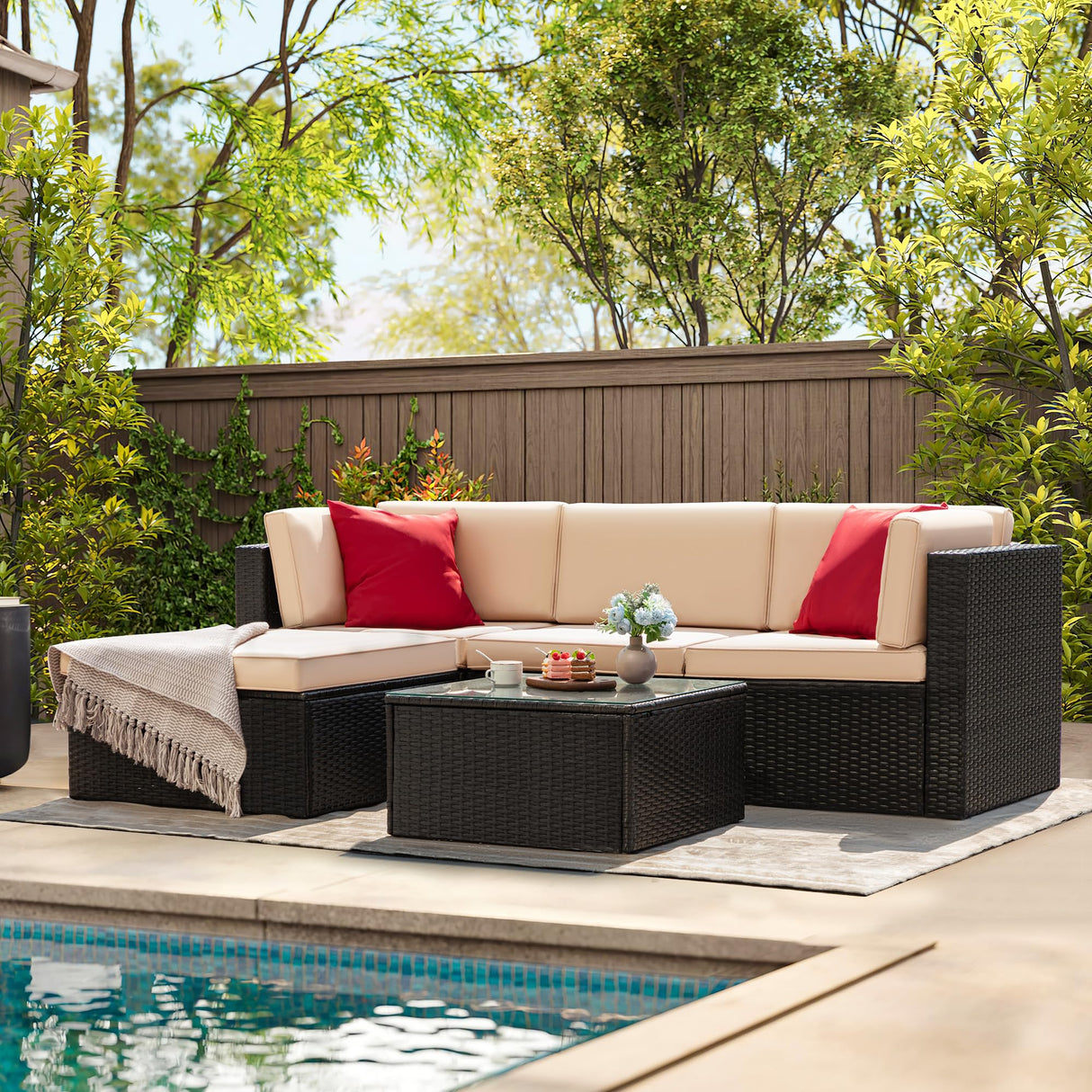 5 Piece Patio Conversation Set Wicker Rattan Furniture Outdoor Sofa with Cushions