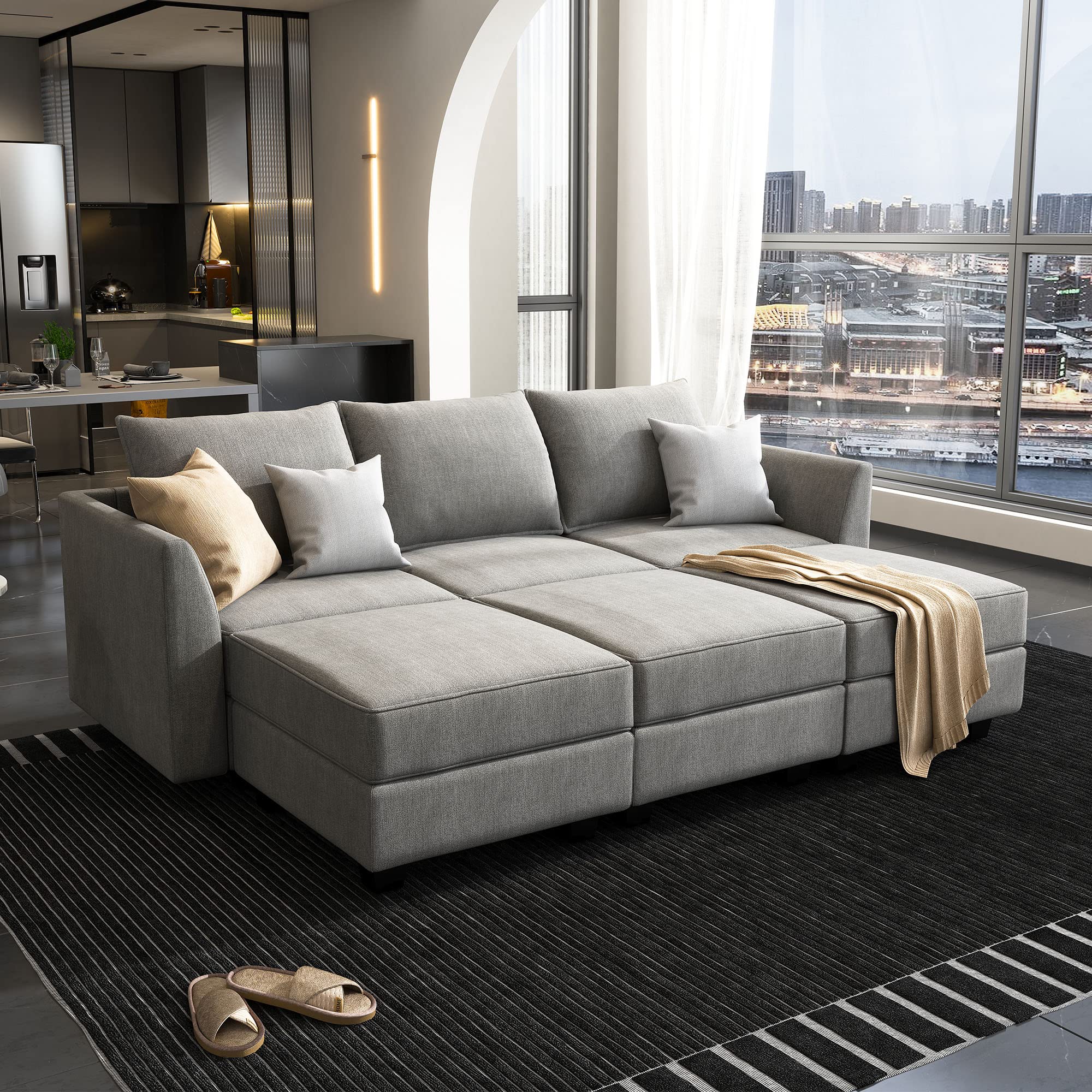 Convertible Modular Sectional Sofa with Ottomans Polyester Fabric Sleeper Sectional