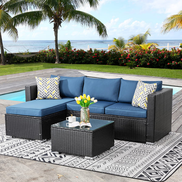 Patio Furniture Set 3 Piece Outdoor Sectional Patio Sofa, All Weather Wicker Rattan