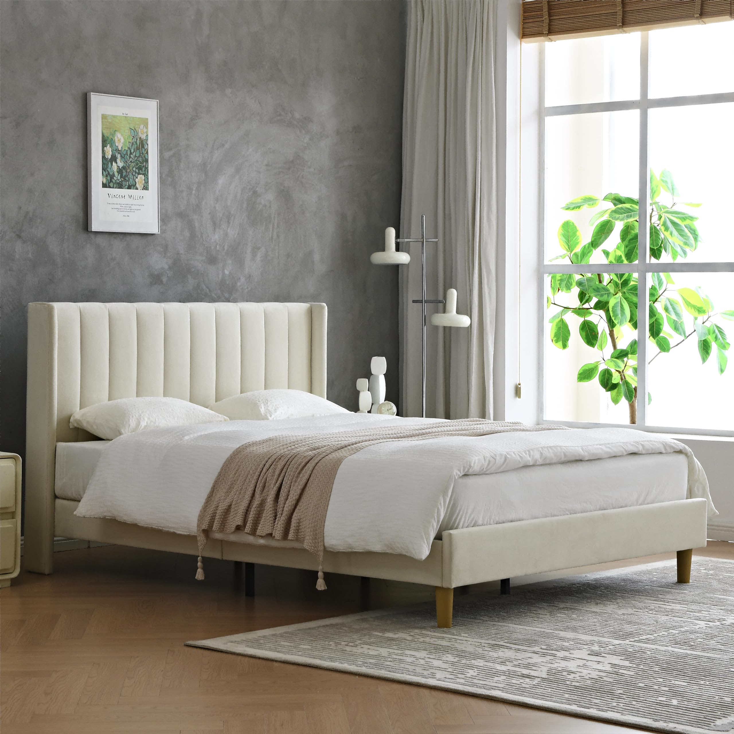 upholstered Platform Bed Frame/Queen Bed Frame/Modern Geometric Double-Wing