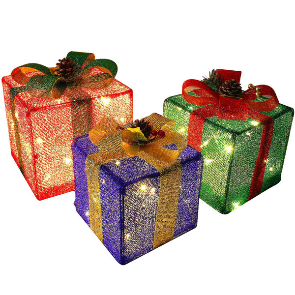 Set of 3 Christmas Lighted Pop Up Gift Boxes Decorations, Tinsel Present Box