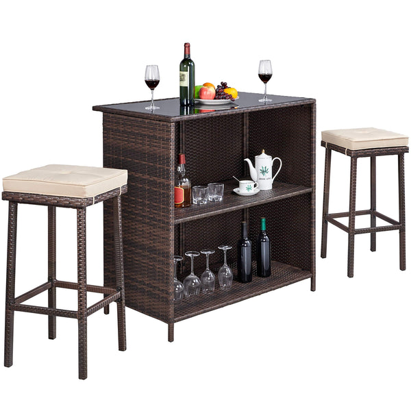 3pcs Patio Bar Set, Outdoor Wicker Bar Furniture with 2 Storage Shelves