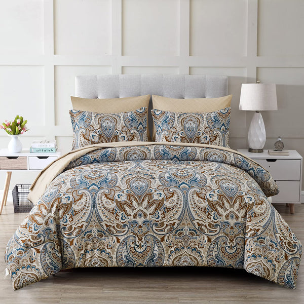 Paisley Comforter Set Queen, 7 Pieces Bed in a Bag Comforter Boho Paisley Pattern Bedding