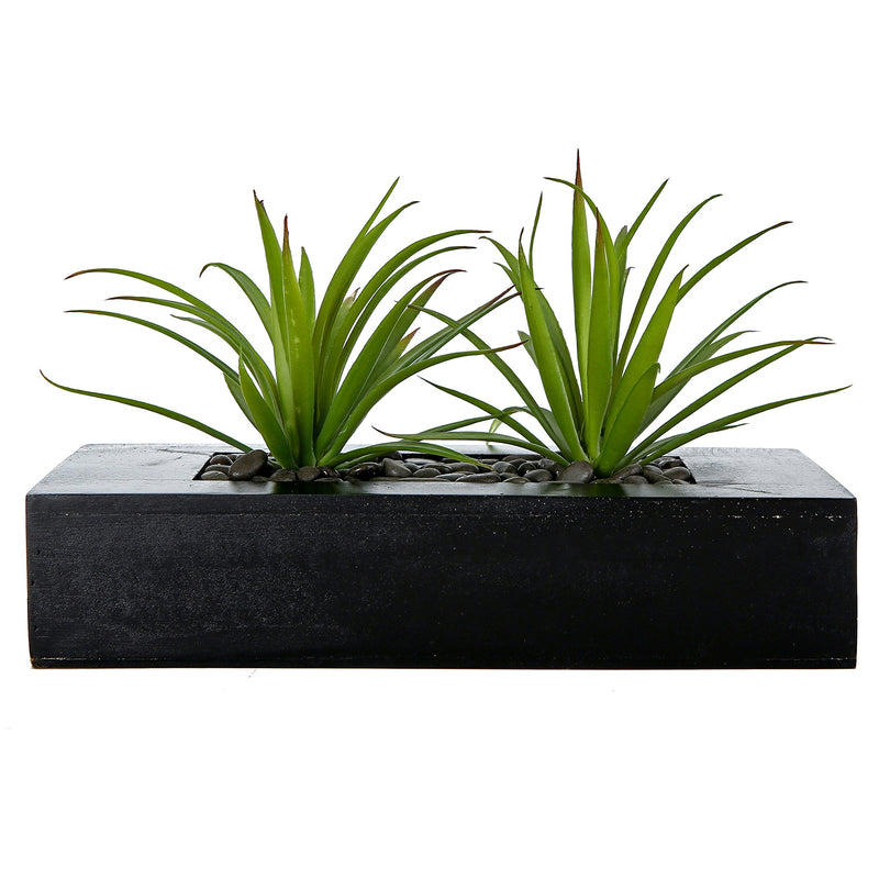 10-inch Artificial Green Grass Plants in Decorative Black Wood Rectangular Planter Pot