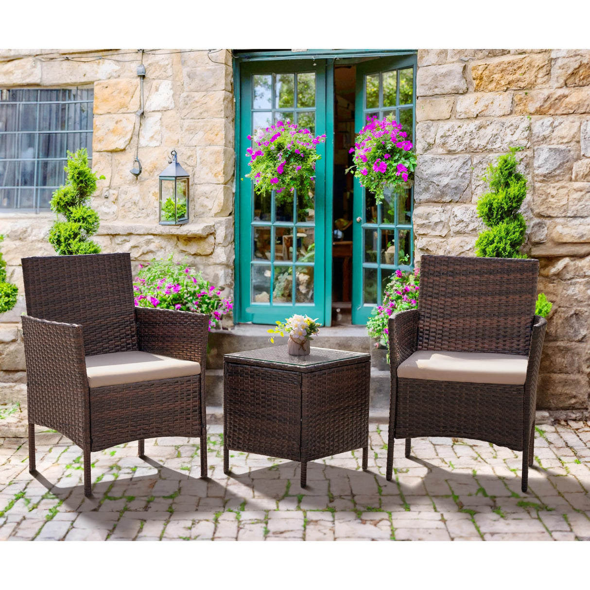 Patio Furniture Set 3 Pieces All-Weather Rattan Outdoor Furniture Patio Chairs