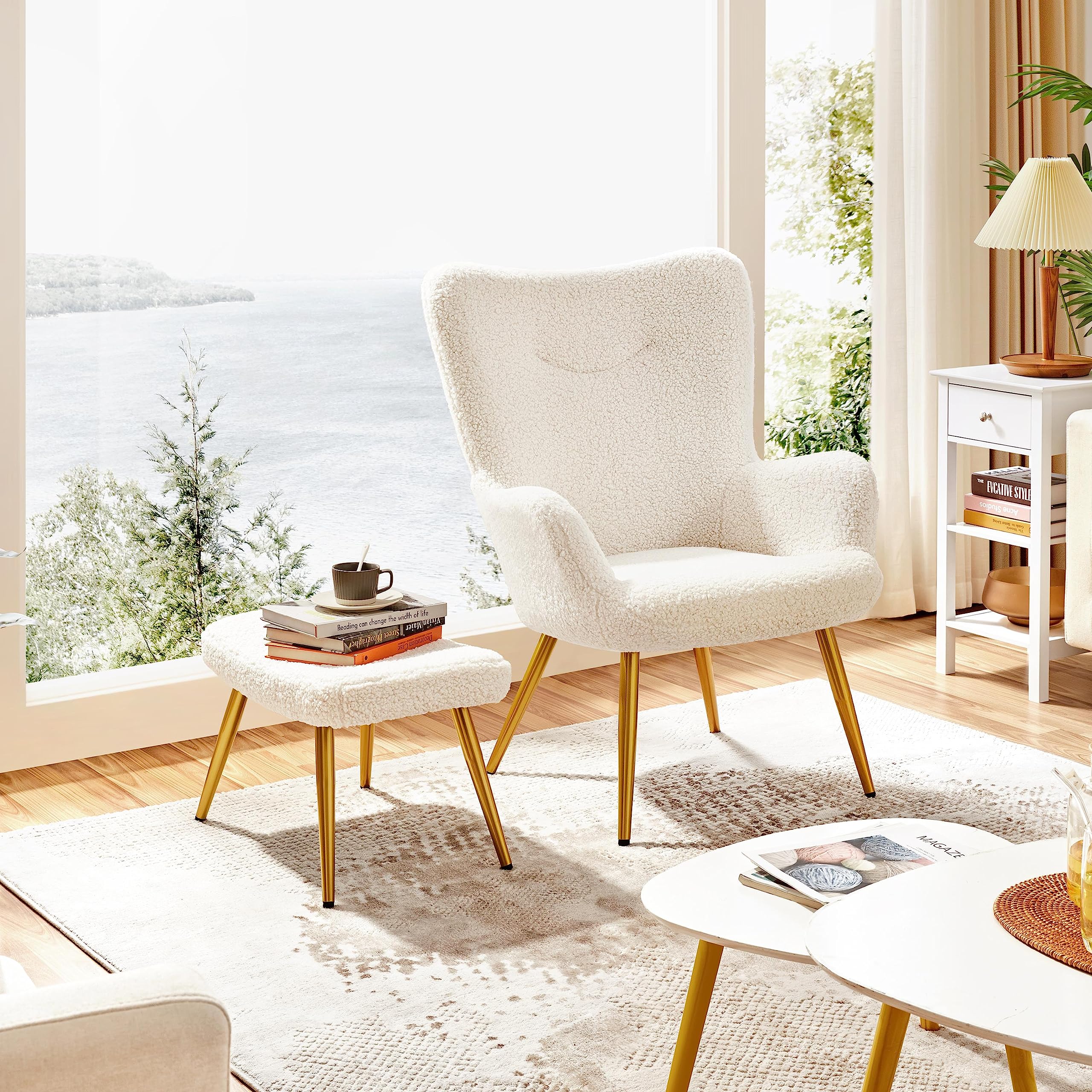 Accent Chair and Ottoman Set, Sherpa Armchair with Golden Metal Legs