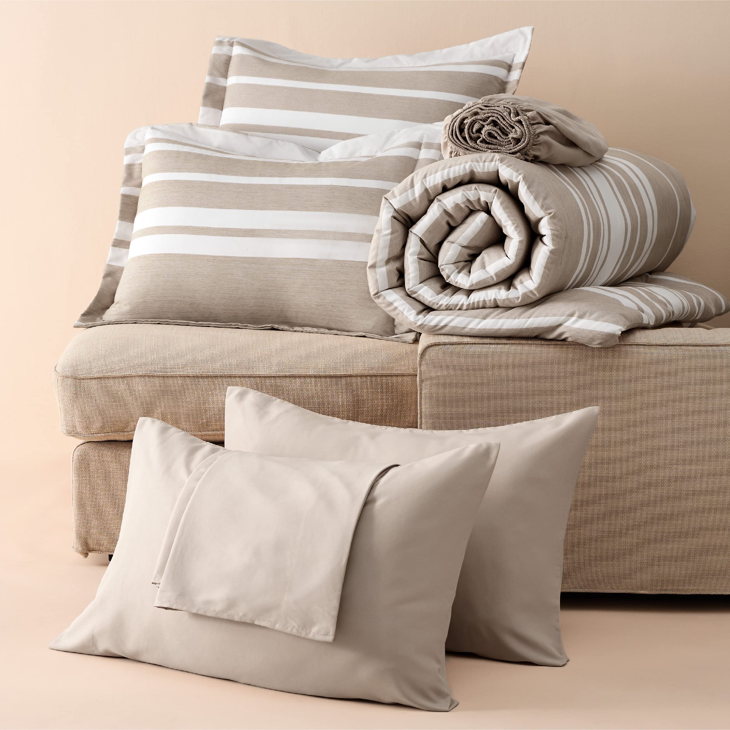 Bed in a Bag Twin Size 5 Pieces, Khaki White Striped Bedding Comforter Sets All Season Bed Set