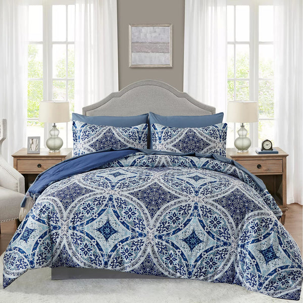 Blue Boho Queen Comforter Set 7 Pieces, Bohemian Bed in a Bag Queen