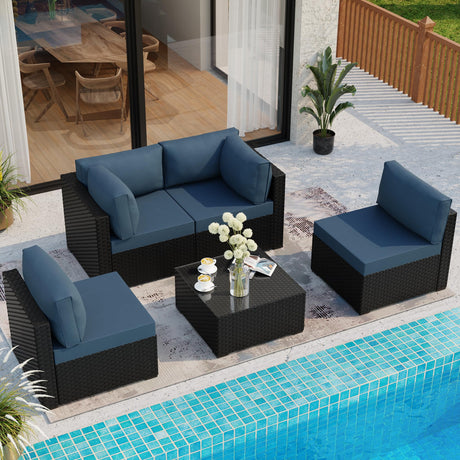 5 Pieces Outdoor Patio Sectional Sofa Couch, Black PE Wicker Furniture Sets