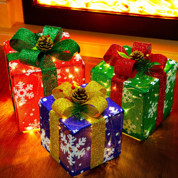 Set of 3 Lighted Gift Boxes Christmas Decorations, Snowflake Present Boxes