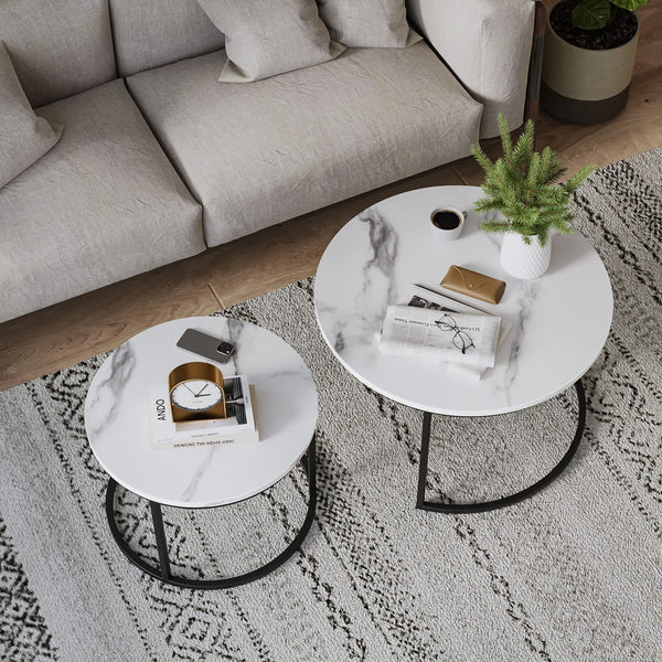 Round Nesting Coffee Table, 31.5" White Modern Accent Wood Coffee Tables Set