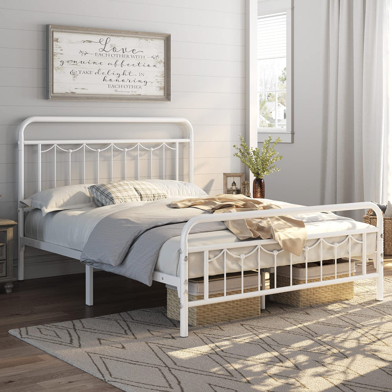 Queen Size Metal Bed Frame with Vintage Headboard and Footboard, Farmhouse  Bed