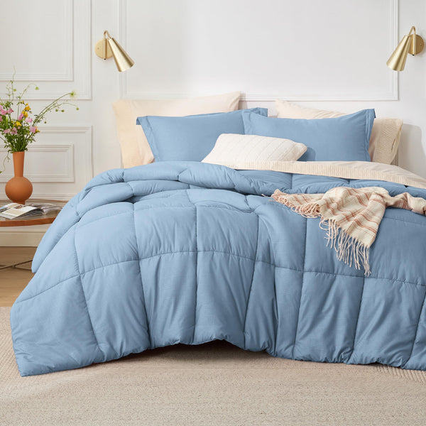 Blue Queen Comforter Set - Mineral Blue Basket Weave Pattern Down Alternative Comforter Set
