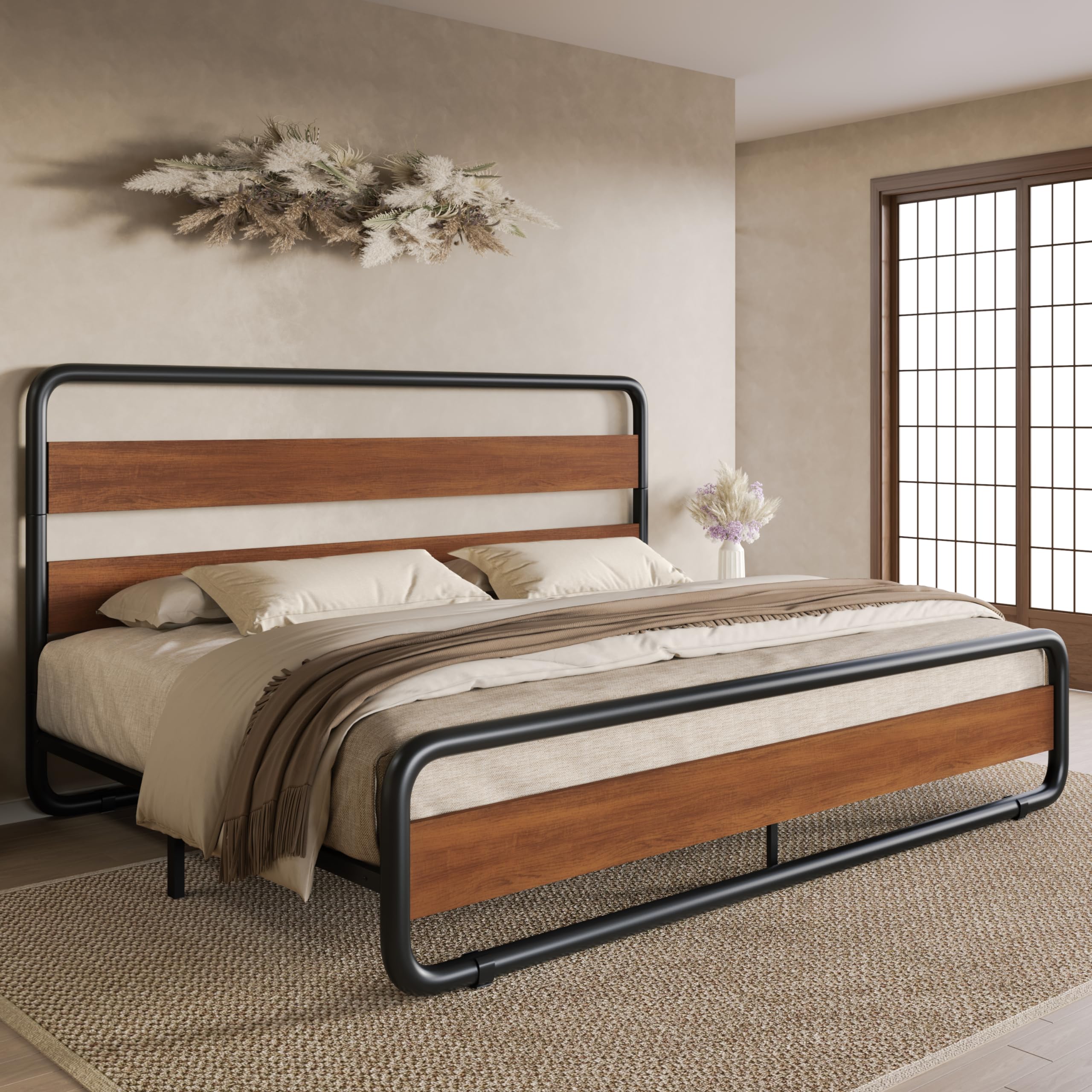 King Size Metal Bed Frame with Wooden Headboard and Footboard