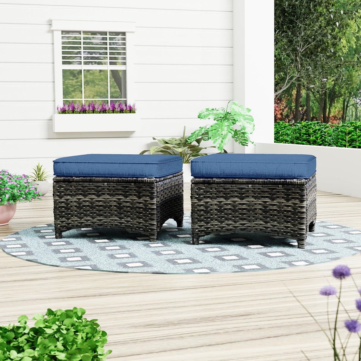 Outdoor Ottomans for Patio Set of 2 PE Wicker Steel Frame Outdoor Footstool