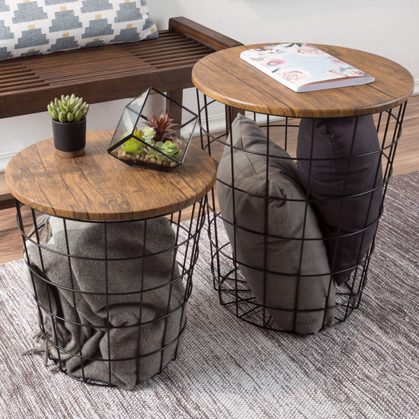 End Storage – Nesting Wire Basket Base and Wood Tops – Industrial Farmhouse Style Side Table