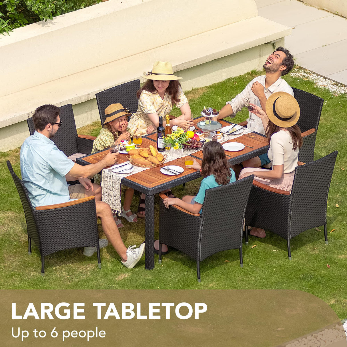 Dining 7 PCS Furniture, Patio Conversation Set with Acacia Wood Table Top