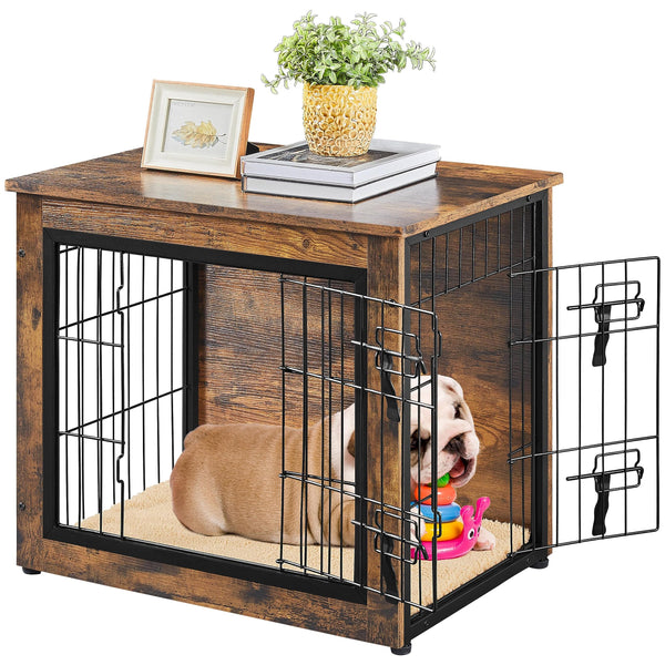 27.5'' Dog Crate Furniture with Cushion Wooden Dog Crate with Double Doors/Adjustable