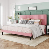 Velvet Upholstered Platform Bed with Adjustable Vertical Channel Tufted Headboard