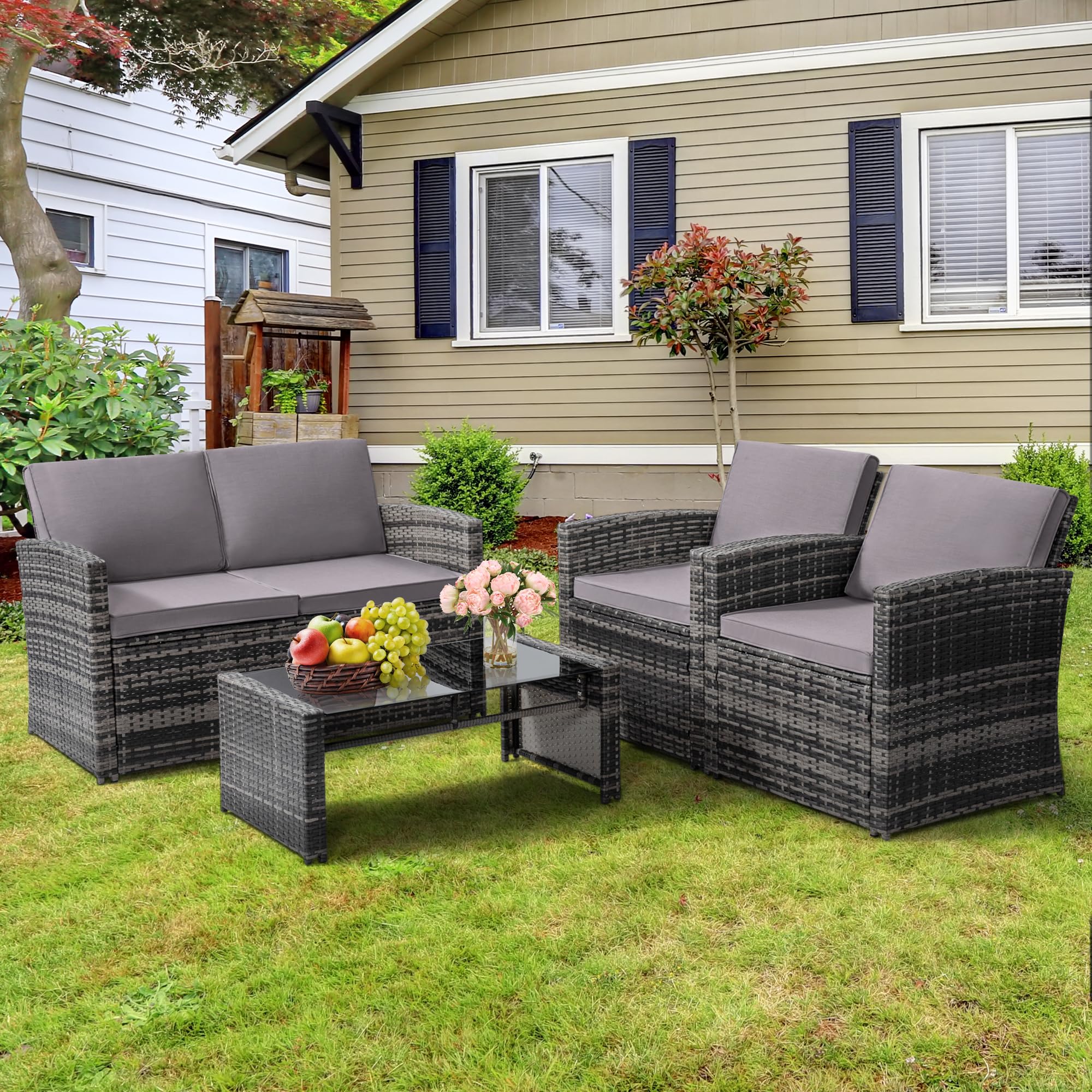 4 Pieces Patio Conversation Set, Outside Rattan Sectional Sofa