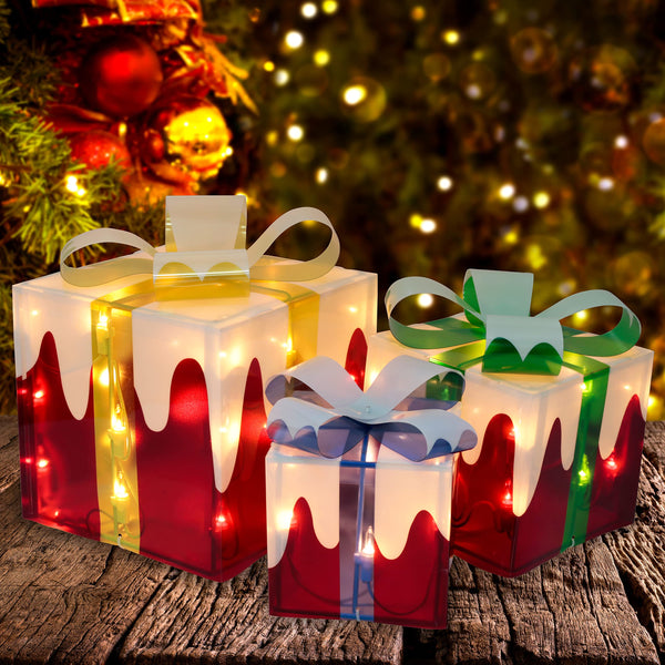 Set of 3 Snow Christmas Lighted Gift Boxes, Pre-lit Light Decorative PVC Present Box