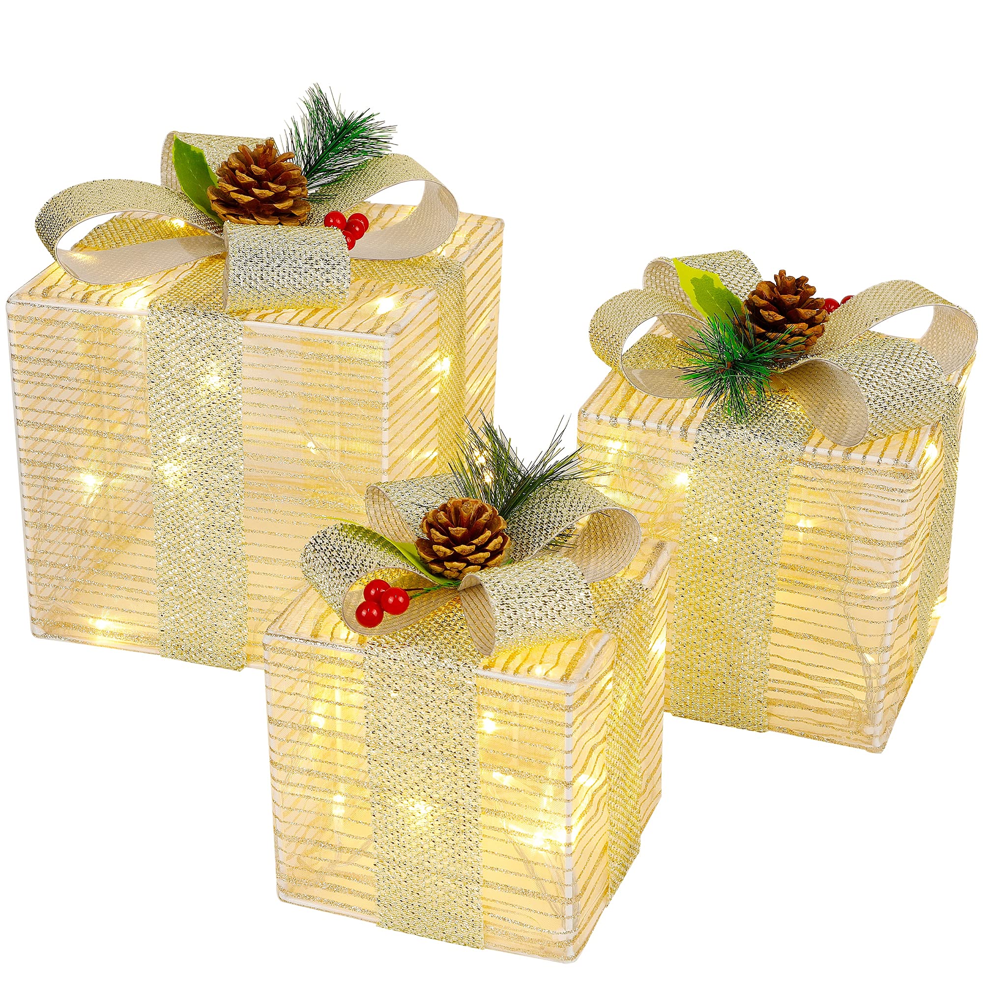 Lighted Christmas Boxes, 60 LEDs Lighted Deocr with Bowknots