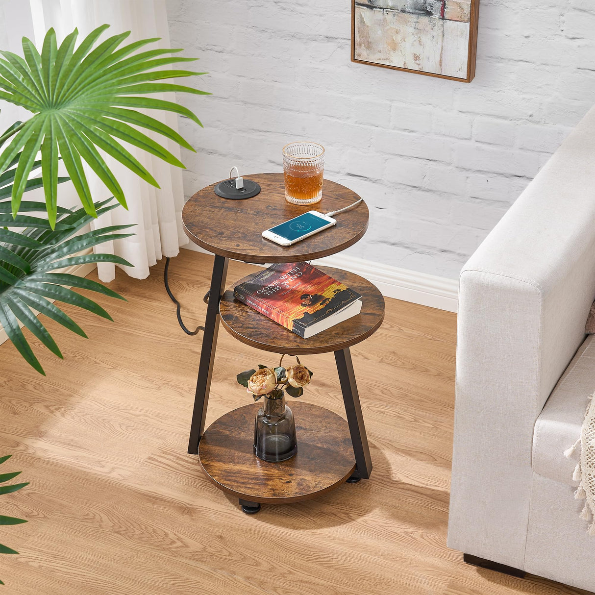 Round End Table with Charging Station