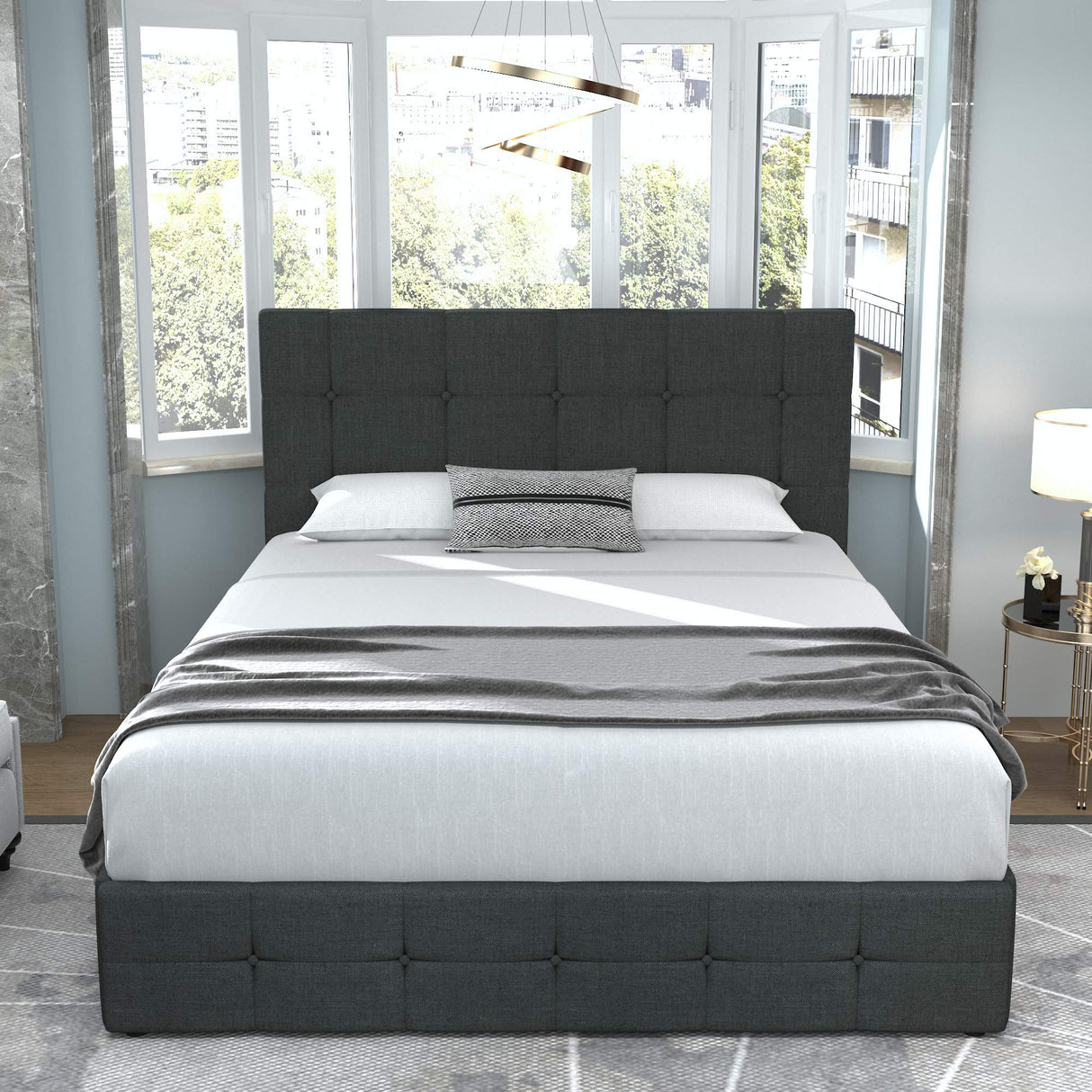 Upholstered Queen Size Platform Bed Frame with 4 Storage Drawers