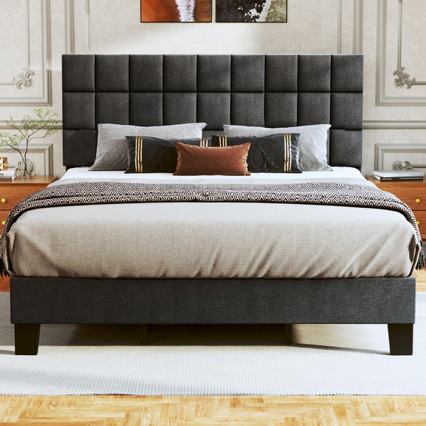 King Bed Frame Upholstered Bed Frame Platform with Adjustable Headboard Linen Fabric