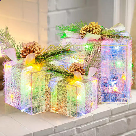 Set of 3 Christmas Lighted Gift Boxes, Plug in 60 LED Light