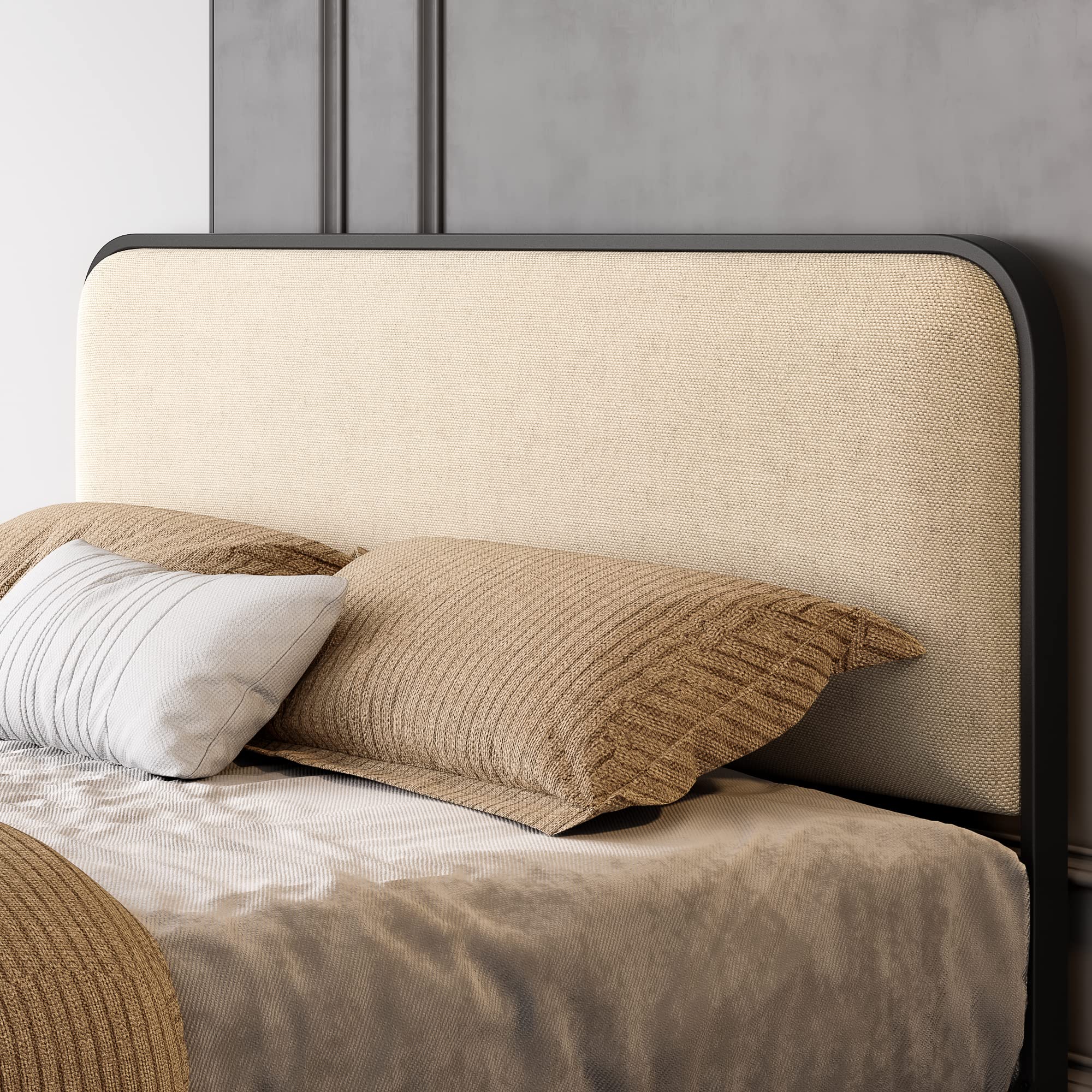 Full Size Platform Metal Bed Frame with Curved Upholstered Headboard and Footboard