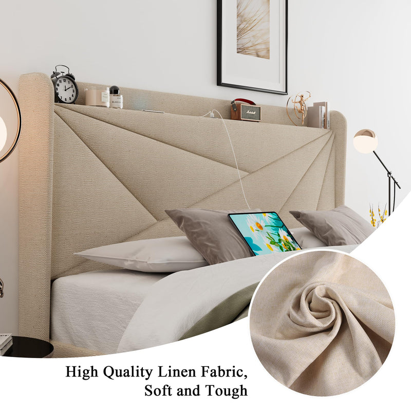 Queen Size Bed Frame with Type-C & USB Ports, Upholstered Platform Bed Frame