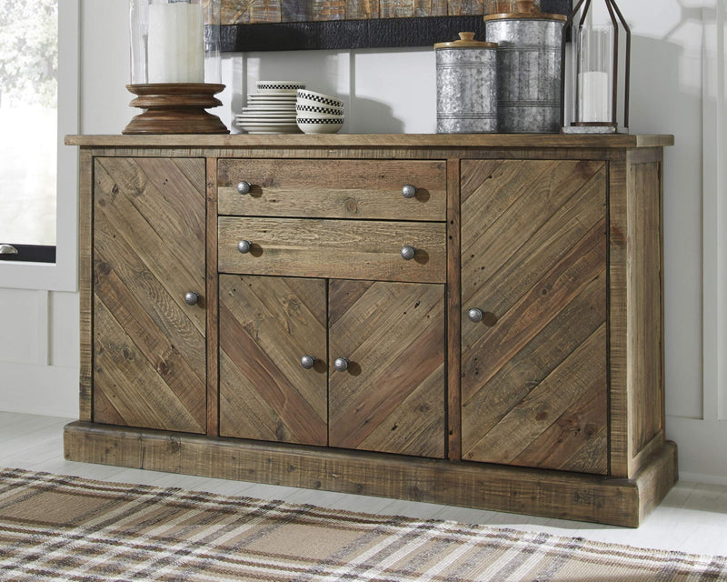 Signature Design by Ashley Grindleburg Farmhouse Reclaimed Wood Dining Room Buffet or Server, Light Brown