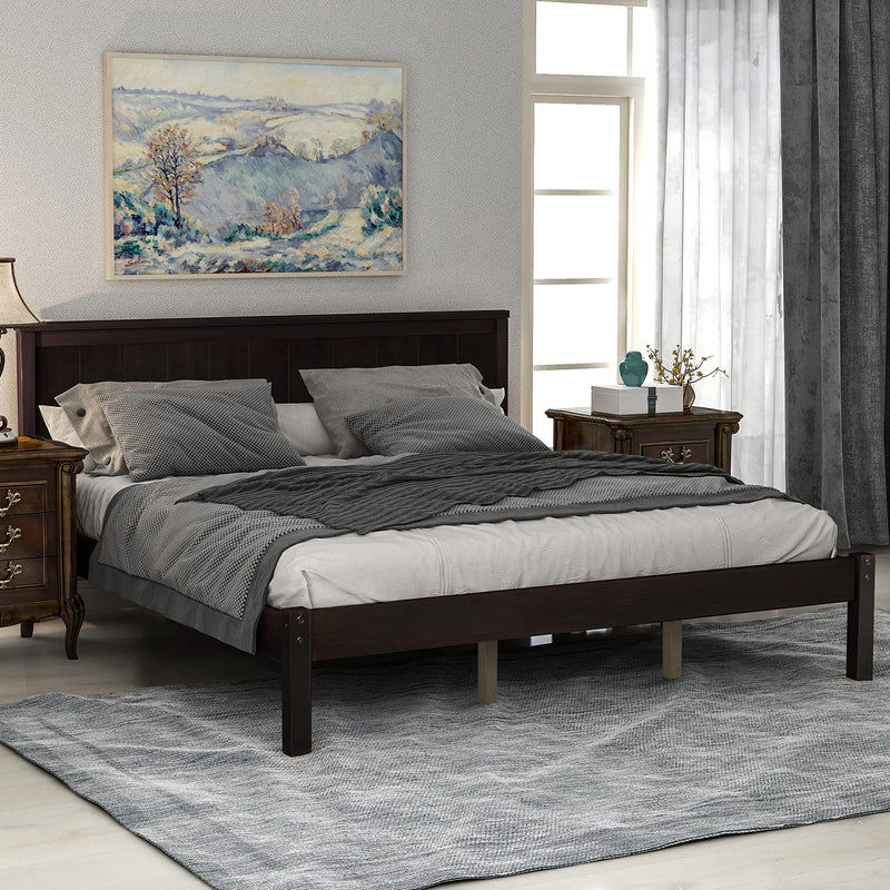 Queen Size Platform Bed Frame with Headboard, Wood Platform Bed with Slat Support