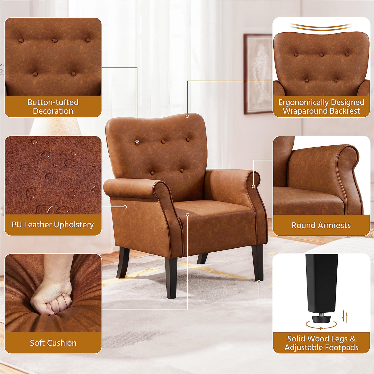 Modern Armchair, Mid Century PU Leather Accent Chair with Sturdy Wood Legs