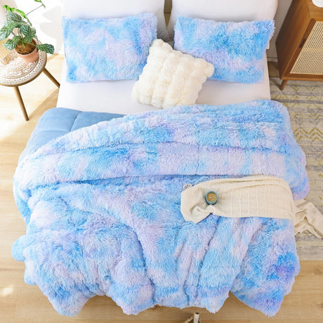 Faux Fur Comforter Queen Comforter Set Plush Comforter Tie-Dyed Colorful Blue