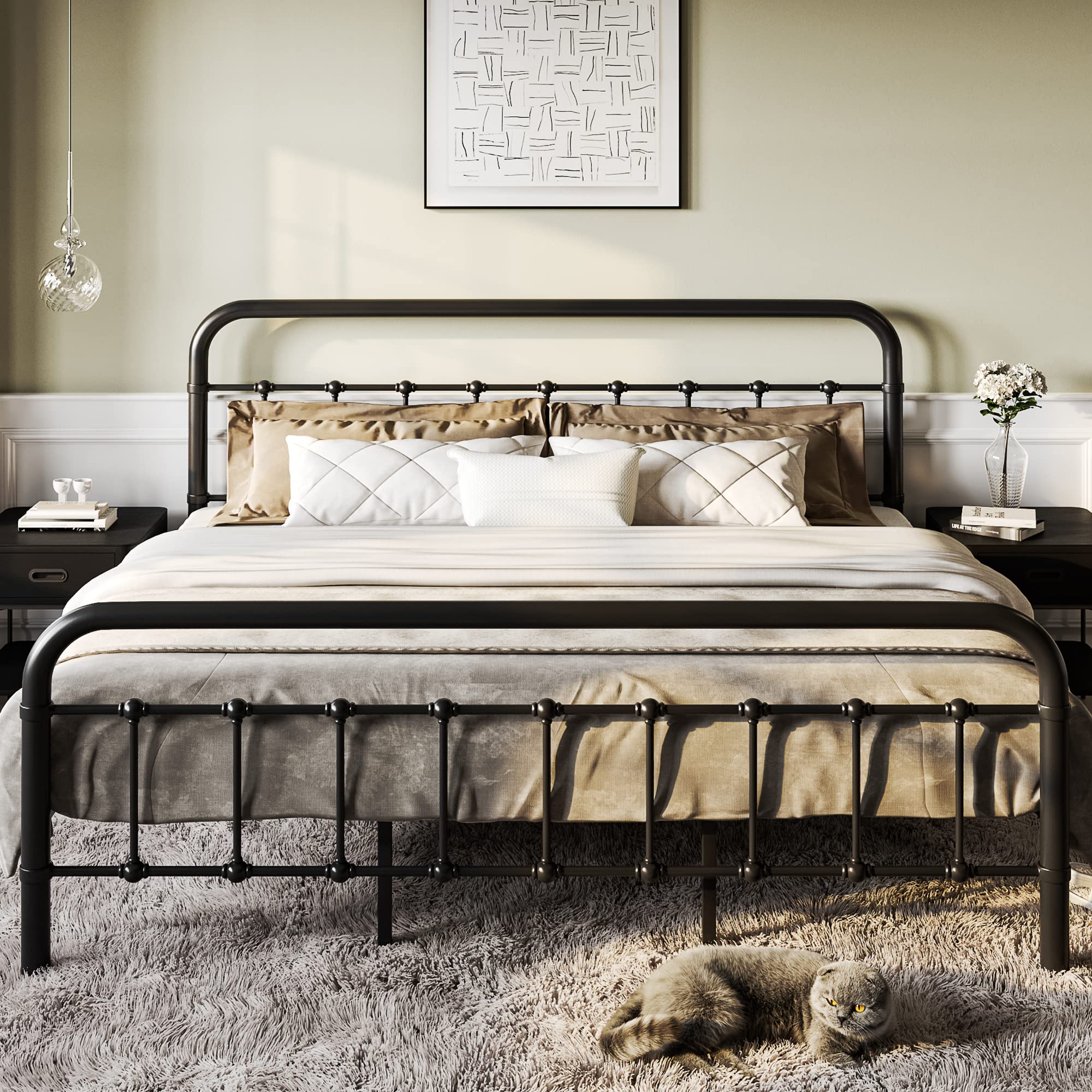King Size Bed Frame Metal Platform Bed with Vintage Style Headboard and Footboard