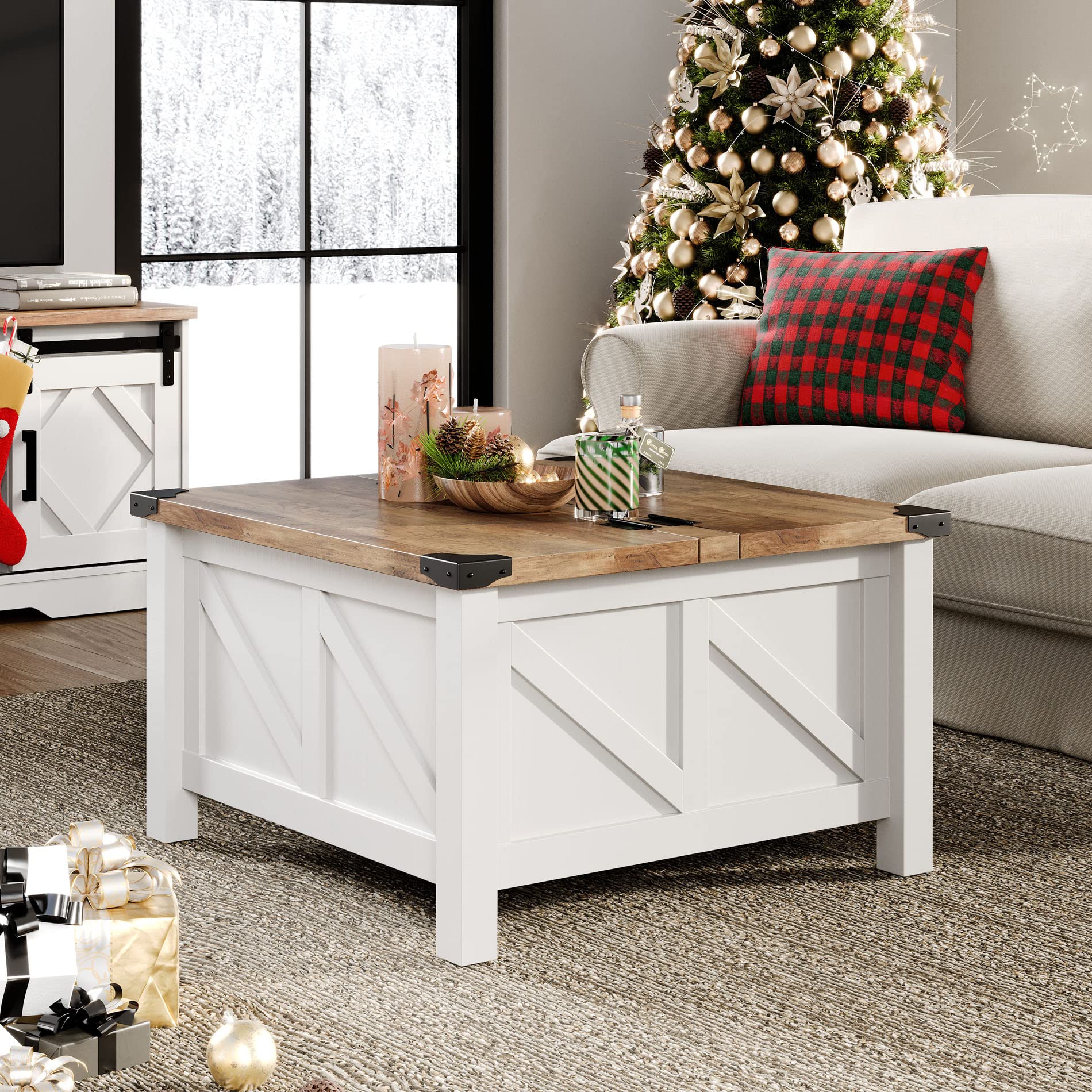 Square Wood Center Table with Gas Struts Lift-Top for Extra Large Hidden Storage