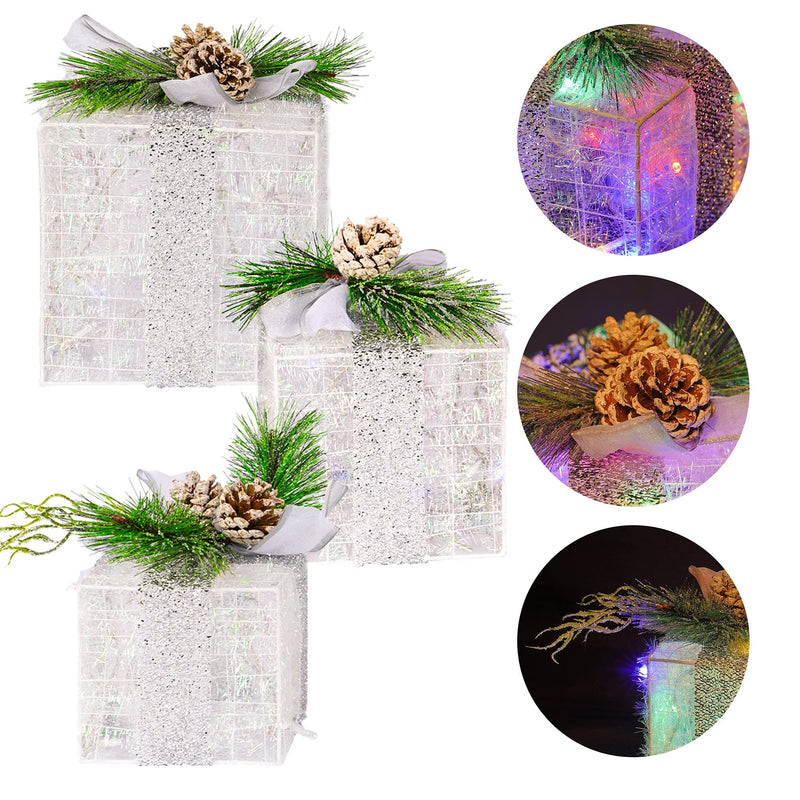 Set of 3 Christmas Lighted Gift Boxes, Plug in 60 LED Light Up Tinsel Present Box