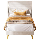 Twin Bed, Platform Bed Frame with Upholstered Headboard and Wooden Slats Support