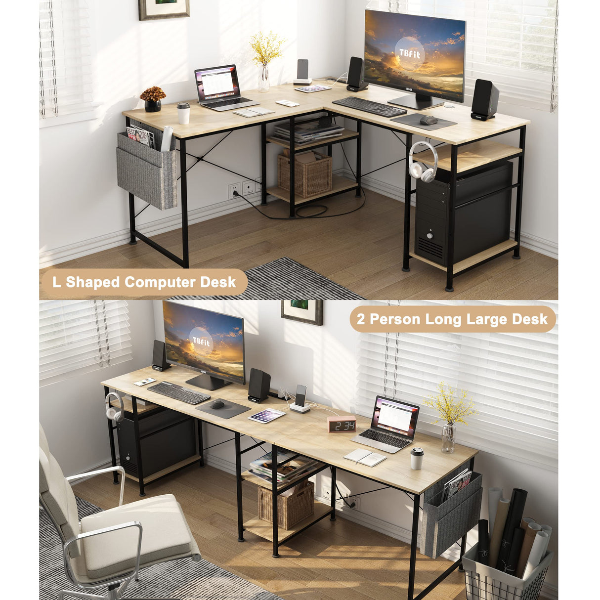 L Shaped Desk with Storage Shelves, Reversible Coner