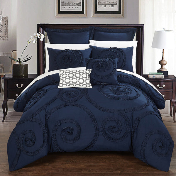 7 Piece Rosalia Floral Ruffled Etched Embroidery Comforter Set, Queen, Navy