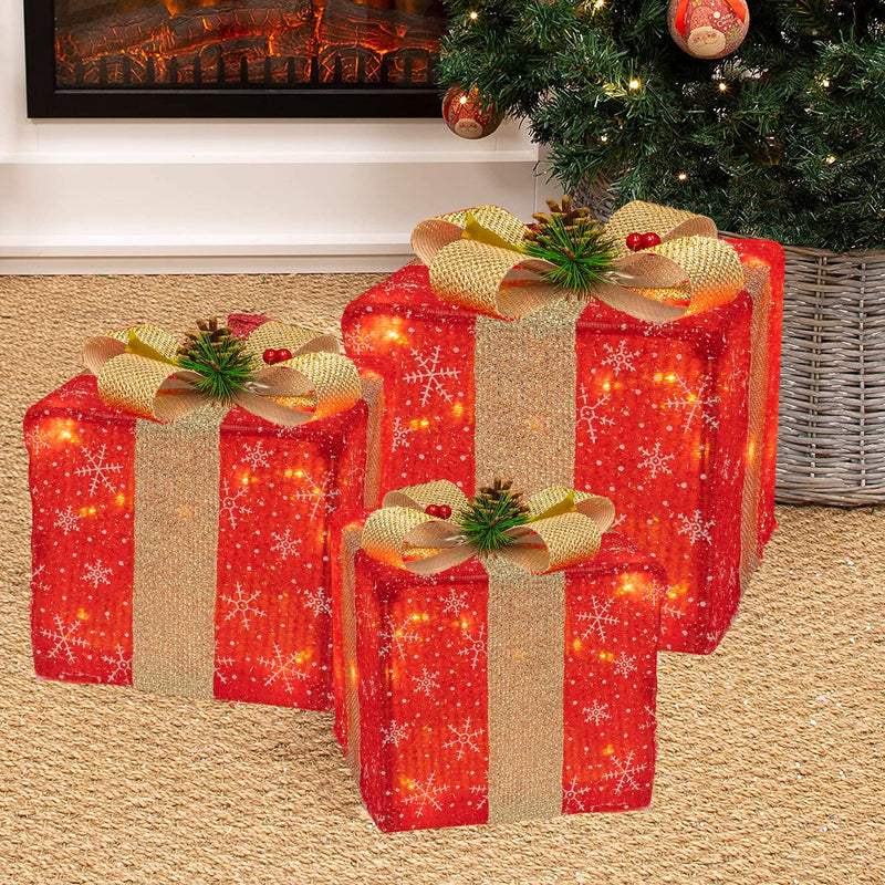 Set of 3 Christmas Lighted Gift Boxes, 60 LED Christmas Box Decorations, Presents Boxes